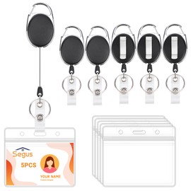 Segus ID Card Holder with Clip, Pack of 10 Card Holders with Drawstring, Badge Holder with Retractable Key Ring, Transparent and Waterproof, for Office, School (Vertical)