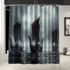 Nordics Decor Vikings Ship Shower Curtain Liner,Black and White Color Pirate Sailing Boat Artwork Curtain for Bathroom/Washroom with 12 Hooks Waterproof,Boho Gift for Man/Girl/Woman (70x 70 Inches)
