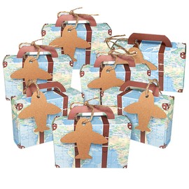 Hodeacc 100Pcs Travel Themed Candy Boxes,Mini Suitcase Vintage Kraft Wedding Favours Boxes with Tags and Burlap Twine for Wedding Bridal Shower/Kids Birthday Party Decor (Blue)
