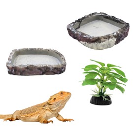 Bearded Dragon Accessories, 2 Pack Reptile Bowl for Feeding and 1 Artificial Plant Decor, Aquarium Habitat Decoration Set for Bearded Dragon, Gecko, Tortoise, Snake, Frog, Other Small Reptile