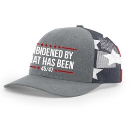 Trenz Shirt Company Mens Trump Hat Unbidened by What Has Been Mesh Back Trucker Hat, Heather Grey/American Flag