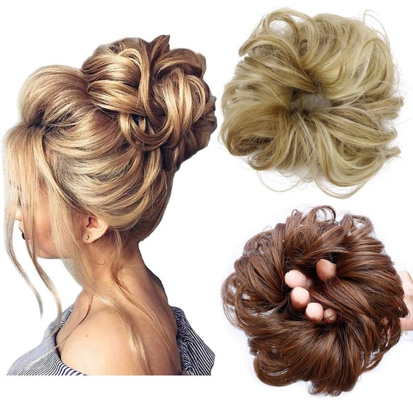Messy Bun Hair Piece Thick Updo Scrunchies Synthetic Hair Extensions Ponytail Hair Wig Hairpiece Blonde & Light Brown