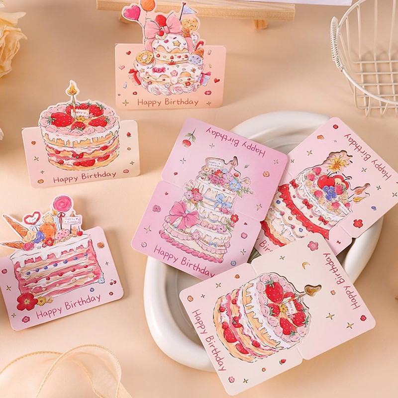Youchicnow メッセージカード バースデーカード 6枚セット 水彩風ケーキデザイン 折りたたみ式 グリーティング お誕生日おめでとう 感謝カード ミニレター