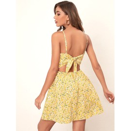 Floerns Women's Boho Floral Print Twist Front Cami A Line Mini Dress Yellow L