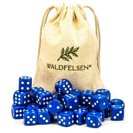 Waldfelsen 6, 12, 20, 30 or 50 High Quality Dice Standard Size 16 mm Acrylic Dice Puzzle Game Cube Dice 6-Sided Six Sided Game Accessories Set with Fabric Bag (Blue, 30 Pieces)