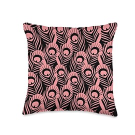 African Animal Prints Supply Co. Cute Pink Pastel Peacock Print Pattern Design on Black Throw Pillow, 16x16, Multicolor