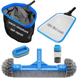 TidyMister All in One Pool Cleaning Kit - 18'' Repairable Pool Nylon Net & 18'' Detachable Round Brush & 11'' Fine Mesh Skimmer Net & Pool Chlorine Floater & Handy Scrubber for Water Line Cleaning