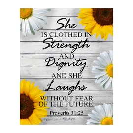 Strength & Dignity - Sunflower Christian Decor 8x10 Unframed, Proverbs Inspirational Bible Verse Wall Art for Living Room, Bedroom, Church, and Room Aesthetic