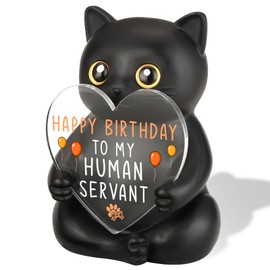 Humorous “Happy Birthday to My Human Servant” Black Cat Themed Desktop Gift, Funny Feline Gifts for Cat Owner Cat Lady Gent Pet Lover Friend Family, Birthday Home Office Decor Figurines SHM07