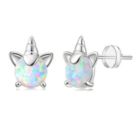 Girl's Unicorn Earrings, 925 Sterling Silver Hypoallergenic Opal Earrings for Sensitive Ears, Cute Mini Stylish New Quaint Little Animal Jewelry Gift for Women and Kids (Silver unicorn)