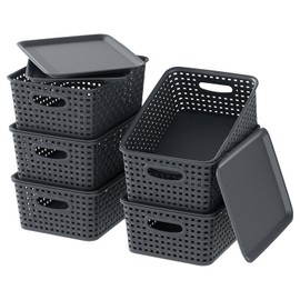 Xyskin Plastic Storage Baskets with Lids, Set of 6 Small Basket Bin