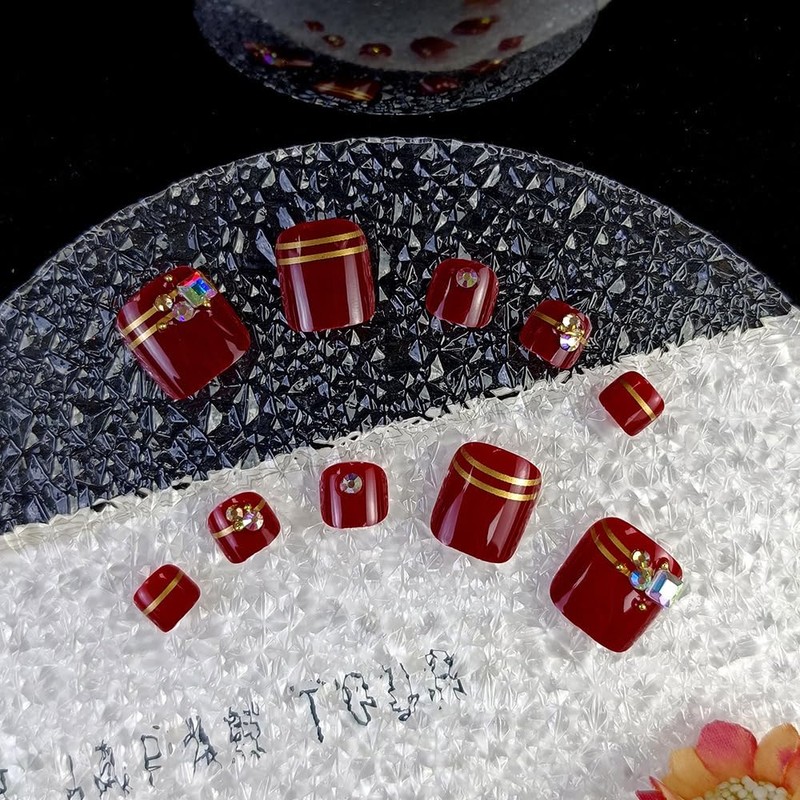 24Pcs Wine Red Press on Toenails for Women Summer Short