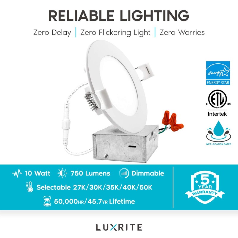 Luxrite 4 Inch Ultra Thin LED Recessed Light with Junction