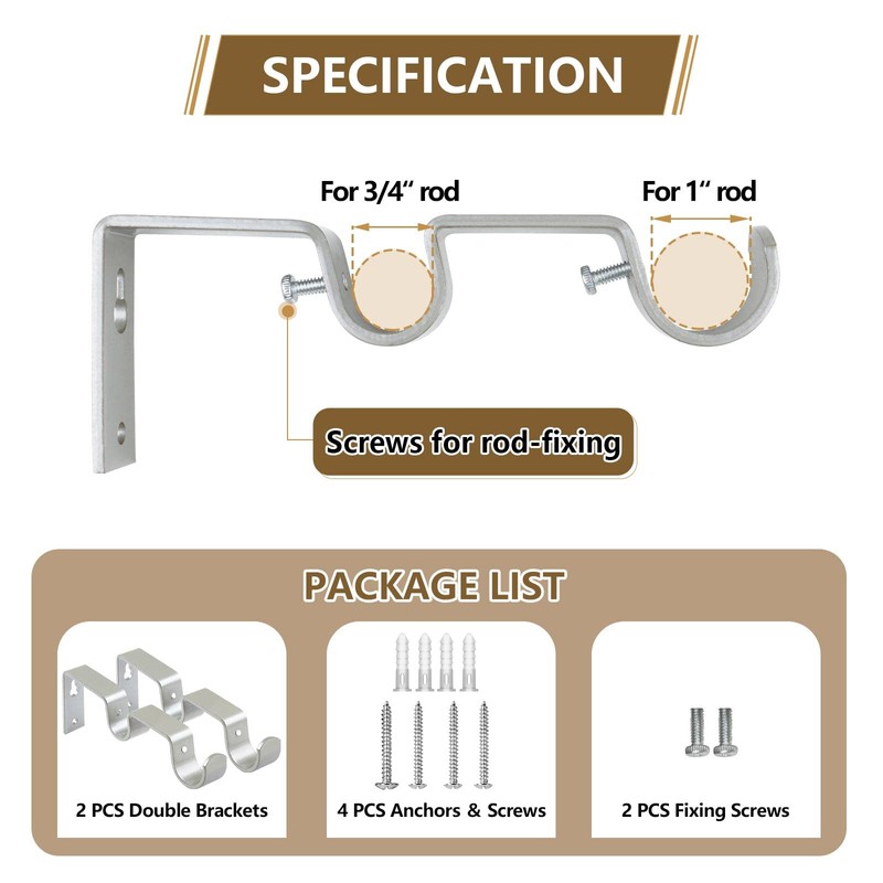 KAMANINA Double Curtain Rod Brackets, Antique Silver, Set of 2,