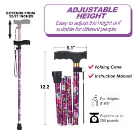 Walking Cane ANCKNE Cane for Woman | Lightweight, 5-Level Height Adjustable and Aluminum Folding Canes for Seniors | Ergonomic Wheeled Handle | Portable Walking Stick Collapsible Cane
