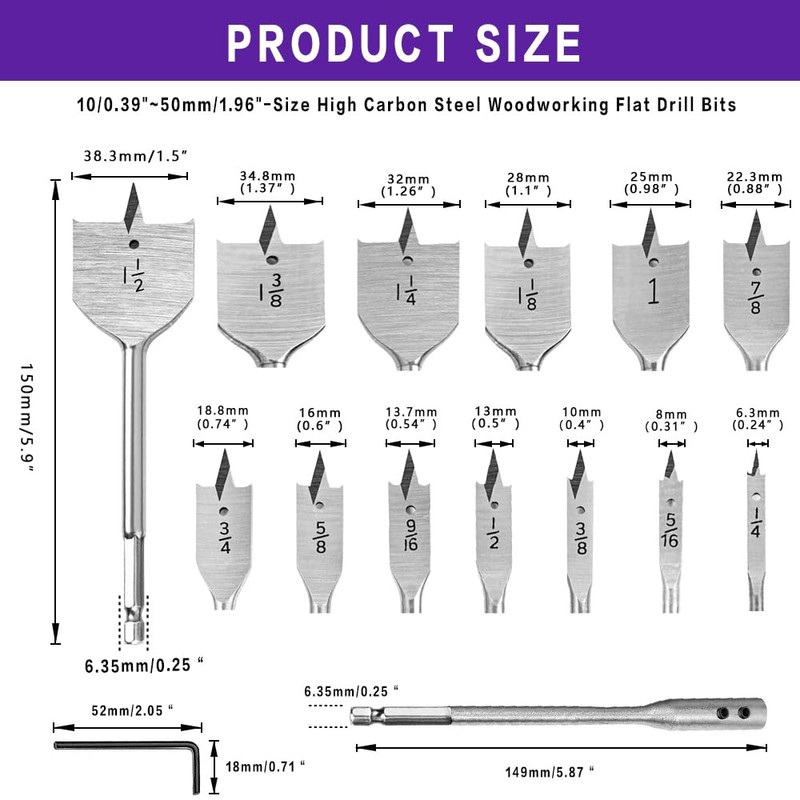 15-Piece Flat Milling Drill Bit Set, Spade Drill Set with
