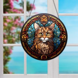 JUNWALL Cat Acrylic Window Hanging, Brown Cat Stained Acrylic Window Decor Hanging Ornaments Indoor Outdoor Garden Stained Art Panel Gift for Women Christmas Thanksgiving