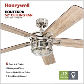 Honeywell Ceiling Fans Bonterra Modern 52 Inch Ceiling Fan with Light, Remote Control, LED Indoor Fan with 5 Blades, Light Brown Pine and Brown Chestnut Blade Finish Options, Brushed Nickel (50610-01)