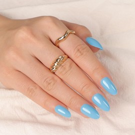 Artquee Blue Almond Press on Nails Short Solid Color Fake Nails Kit Glossy Reusable False Stick on Fingernails for Women - 32 Pcs in 16 Sizes