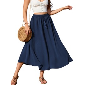 Zeagoo Skirts Women's Midi Length Elegant Skirt High Waist Maxi Skirt with Drawstring Plain Casual Skirt Wedding Cocktail Skirt, navy blue