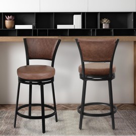 FLYZC Bar Stools, Counter Height Barstools Set of 2, 25" Faux Leather Metal Round Swivel Bar Chairs with Back, Modern Upholstered Counter Stools for Kitchen Island, Brown