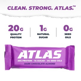 Atlas Bar – 20g Protein, 1g Sugar, 0g Seed Oils, 0g Artificial Sweeteners (Dark Chocolate Almond) (12 Count, Dark Chocolate Almond)