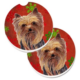 Caroline's Treasures Yorkie Red & Green Snowflakes Holiday Christmas Set of 2 Cup Holder Car Coasters, 2.56, Multicolor