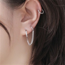 Minimalist Double Small Hoop Earrings for Women Silver Gold Plated Link Chain Tassel Dangle Drop Huggie Hoops Earring Simple Ear Piercing Cuff Two Holes Jewelry for Sister Niece