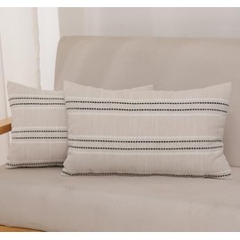 MissOwl Boho Throw Pillow Covers Striped Linen Set of 2 Farmhouse Garden Home Decor Pillowcase Cushion Cover for Couch Sofa Bed Living Room 12x20 Black
