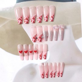 Valentine’s Day Press on Nails Extra Long-Red Heart Fake Nails Love Bow with Pearl Glitter Designs Long Square Pink Acrylic Nails Glossy French False Nails Glue on Nails For Women Girls Manicure 24PCS