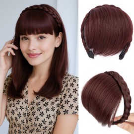 Benehair Headband with Bangs Synthetic Plaited Hair Headband with Natural Fringe Dark Auburn Brown Hair Piece for Women Girls(Dark Auburn Brown, 55g)