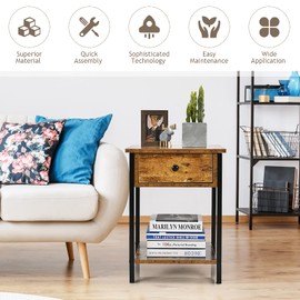 Giantex Nightstand, Industrial 2-Tier End Table with Storage Drawer and Shelf, Bedside Tables with Metal Frame, Wooden Side Table for Living Room, Bedroom, Easy Assembly