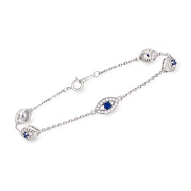 Ross-Simons 0.40 ct. t.w. CZ and .30 ct. t.w. Simulated Sapphire Evil Eye Station Bracelet in Sterling Silver. 8 inches