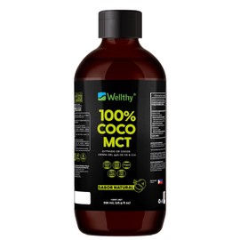 Wellthy MCT Oil 500ml, 32 Porciones, Ácido Caprílico 100% Puro y Natural de Coco, KETO y Paleo Safe, Energía y Concentración, 0g de Azúcar, Gluten Free, NON GMO, Vegan, Libre de Soya, Certificado Internacionalmente, Origen Filipino.