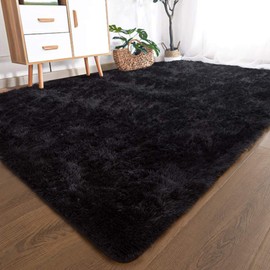 YOH Fuzzy Soft Modern Shaggy Area Rugs, Non-Slip Plush Fluffy Bedroom Furry Fur Rugs, Indoor Comfy Accent Floor Carpet for Dorm Living Nursery Kids Room Home Decor, 4 x 5.8 Feet (Black)