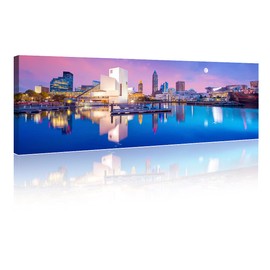 American Cityscape Wall Art , Skyline of Downtown Cleveland on Lakeside, Ohio, USA Stretched Canvas Wall Art City Skyline at Dusk Prints for Bedroom Office Decor, Ready to Hang- 12"Wx46"H, 1 Panel