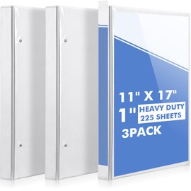 Sinload 3 Pcs 11" x 17" 3 Ring Binder 1 Inch Large D Ring Binders with Pockets Presentation Folder View with Customizable Clear Cover for Documents Files Projects(White)