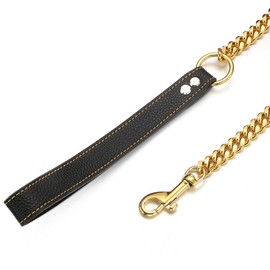 Aiyidi Gold Dog Chain Leash Stainless Steel Metal Chain Width 10mm /14mm Curb Cuban Link Walking Training Dog Leash 3FT 4FT 5FT with Genuine Leather Handle for Small, Medium Large Dogs(14mm,4FT)