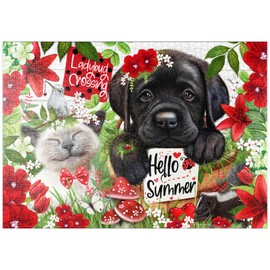 MyPuzzle Red Blossom Buddies Puppy Cat Hummingbird - Sheena Pike - Premium 1000 Teile Puzzle - MyPuzzle Sonderkollektion von Tate & Co Puzzles