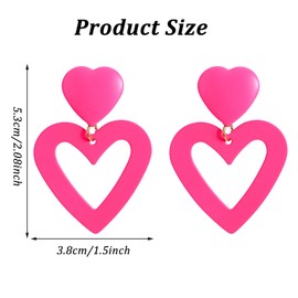 Pink Heart Earrings for Girls Women, Double Heart Love Dangle Earring Hot Pink Drop Dangling Statement Earrings 80s Jewelry Accessories Valentine's Day Mother's Day Gift