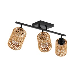 AIBISOD 3-Light Rattan Ceiling Lighting Kits Track Lighting Fixture with Boho Farmhouse Style, Modern Bathroom Light Fixtures Black Spotlight and Rattan Shades for Kitchen Bathroom Living Room Hallway