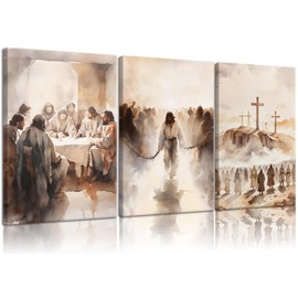 3 Pcs Jesus Canvas Wall Art Christ Church Pictures Wall Decor Christian Bible Story Religious Easter Last Supper Canvas Prints Artwork for Living Room,Churches,Prayer Room Decoration 12x16in