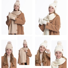 Winter Beige Beanie Hat Scarf Gloves For Women - 3 Peices Warm Fleece Lined Knit Set For Gifts