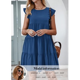 KIRUNDO Casual Summer Dress Women's Sleeveless Ruffle Sleeve Round Neck Solid Loose Short Flowy Pleated Mini Babydoll Dress, Dark Blue, Small