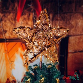 Ornativity Rattan Star Tree Topper - Christmas Rustic LED Light Up Tree Topper Decoration