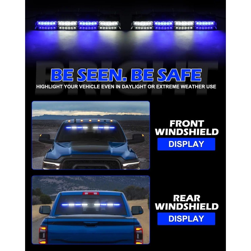 Emergency Dash Strobe Lights 48W 48-LED Blue/White Hazard Warning Light