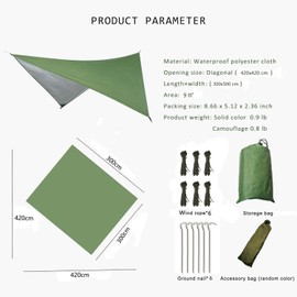 dvSRFw Tent Tarpaulin, 3 m x 3 m, Waterproof Tarp Cover for Rainwater, Anti-UV, Snow, Rain Protection, Lightweight, Compact for Hammock, Camping, Picnic, Hik