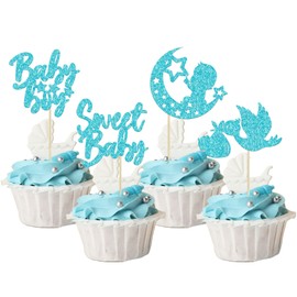 24 piezas de decoración para magdalenas de bebé con purpurina azul y estrella de luna para baby shower, decoraciones para revelar género, baby shower, suministros para fiestas de cumpleaños para niños