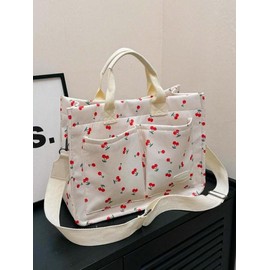 Solid Color/flower & Fruit & Heart Pattern Fabric Tote Bag for Women, Summer 2024 Large Capacity Everything Tote Bag, Travel Essentials, Multiple Pocket Work Bag:_multicolor3_Please Refer To The Pictures for Dimensions