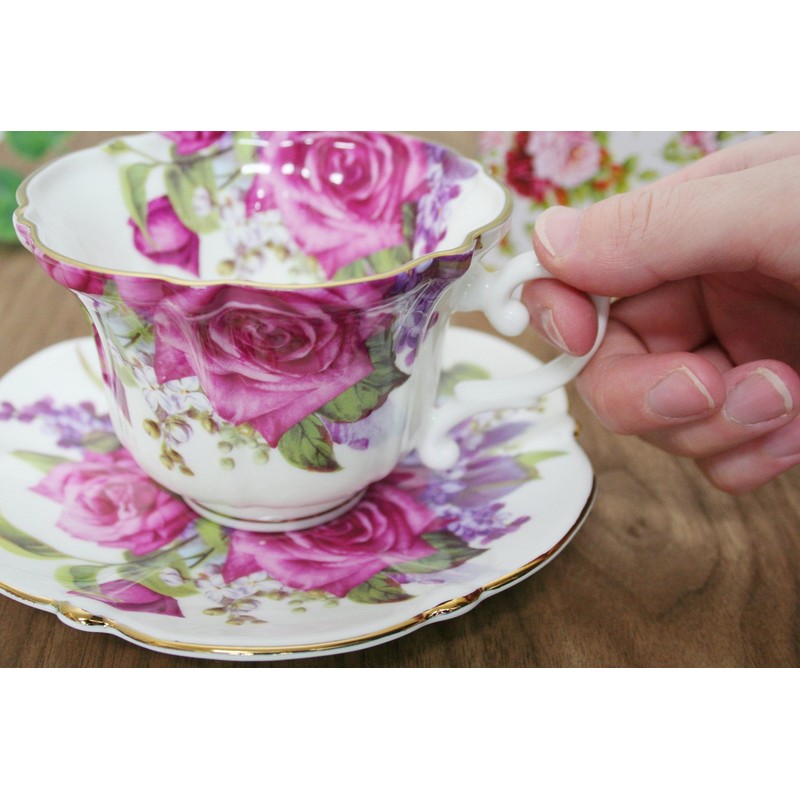 roiyarua-den Cup & Saucer Bone China 240ml Rose Pattern Purple